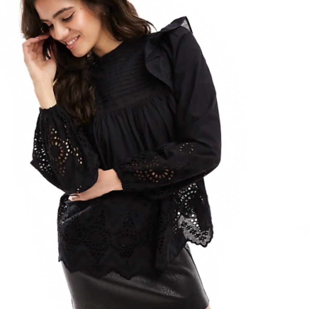 Miss Selfridge Womens Pintuck Broderie Victoriana Eyelet Blouse Sz 10 Black